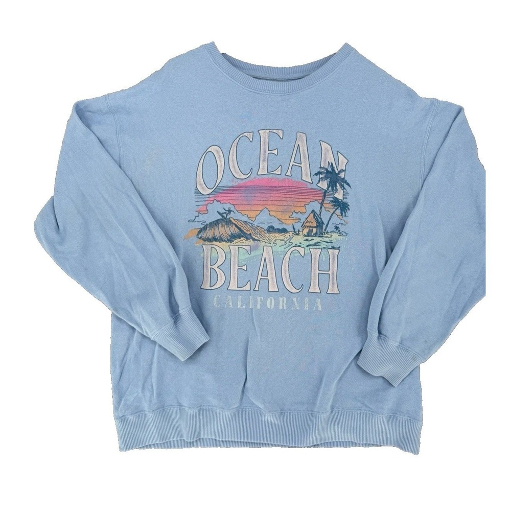 Hollister Ocean Beach California Crewneck Sweatshirt Light Blue Graphic Pullover
